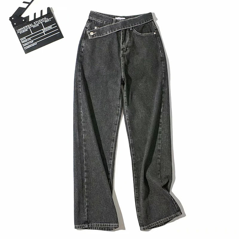 High Waist Irregular Zipper Button Wide Leg Jeans Pants