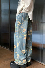 High Waist Floral Pattern Long Men Jeans Pants