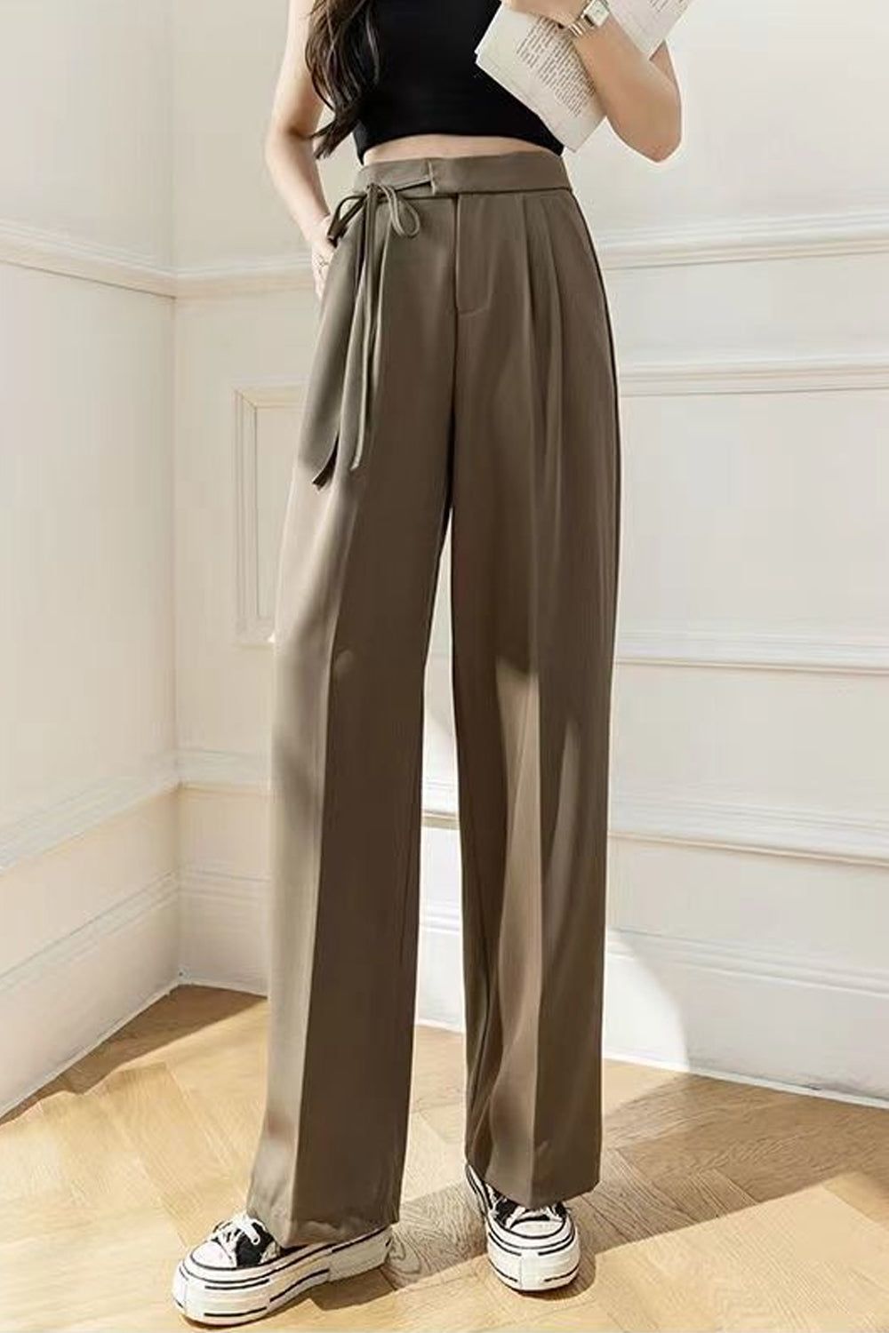 High Waist Side Lace Tie Office Loose Pants