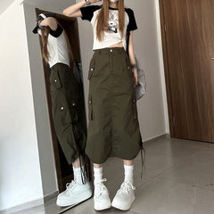 High Waist Cargo Pockets Long Skirts