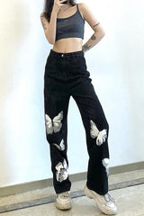 High Waist Butterfly Pattern Black Jeans Pants