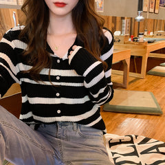 Long Sleeve Striped Button Slim Sweater