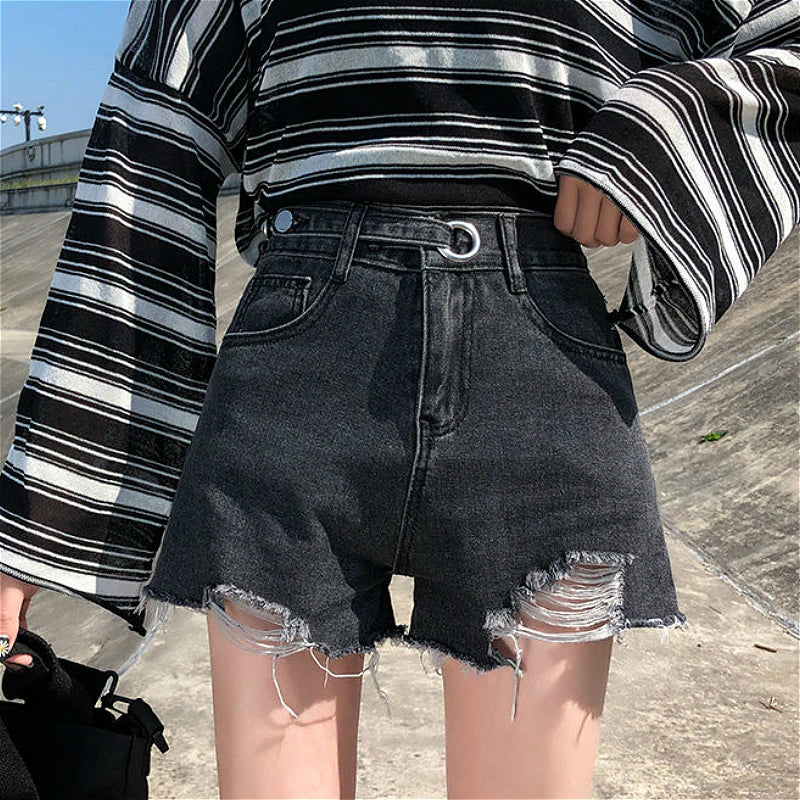 High Waist Trendy Button Ripped Shorts Jeans