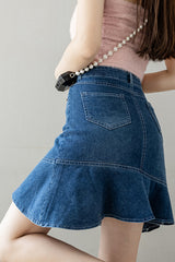 High Waist Mid Length Mermaid Denim Skirt