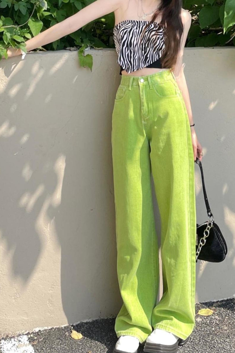 High Waist Vintage Green Long Jeans Pants