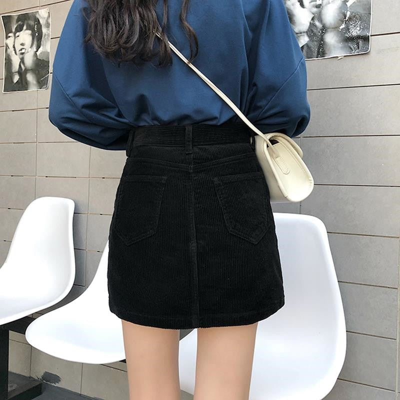 High Waist Slim Black Corduroy Skirt