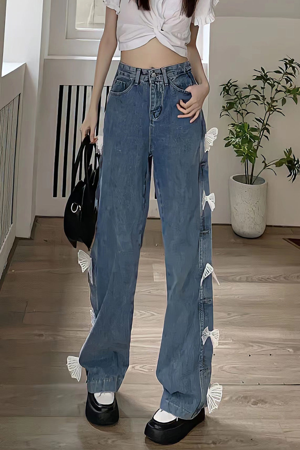 High Waist Cute Lace Bow Long Jeans Pants