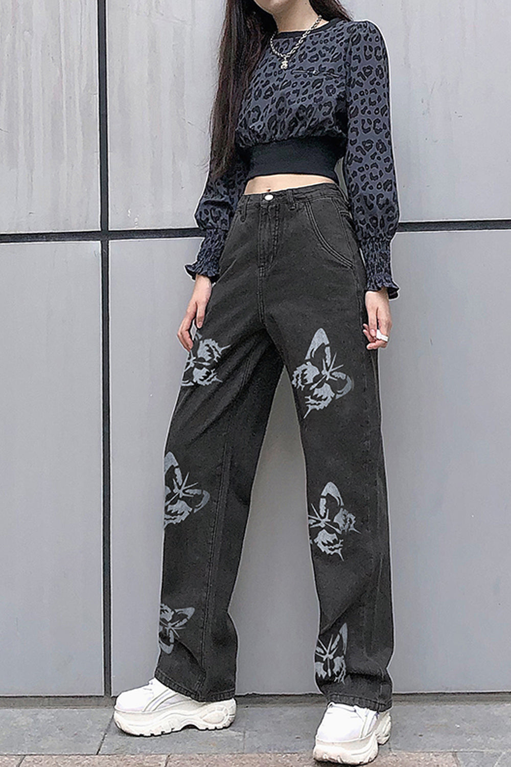 High Waist Wide Leg Butterfly Pattern Jeans Pants