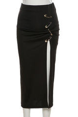 High Waist Pins Buckle Long Split Skirt