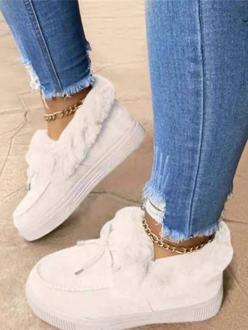 Casual Plain Spring Non-Slip Daily Snow Boots Leather Flat Heel Faux Fur Flats for Women QAS26