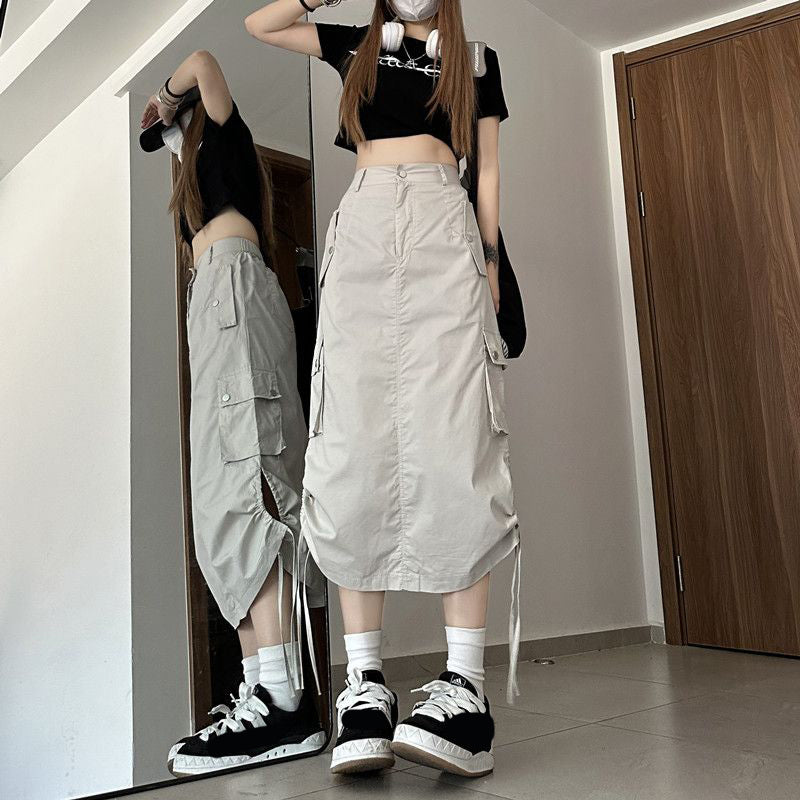 High Waist Cargo Pockets Long Skirts