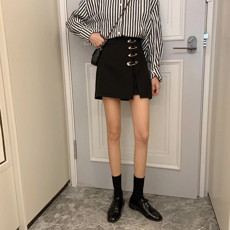 High Waist Big Pin Buckle A-Line Skirt