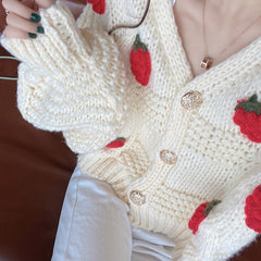 Loose Strawbery Pattern Knitted Cardigan Sweater