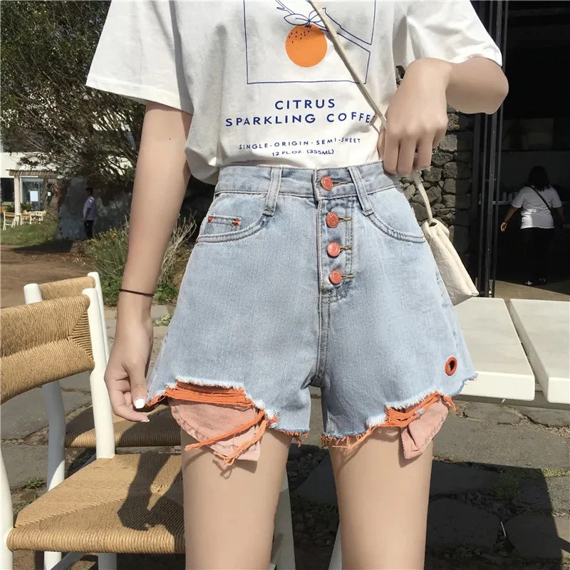 High Waist Contrast Colorful Denim Shorts Jeans