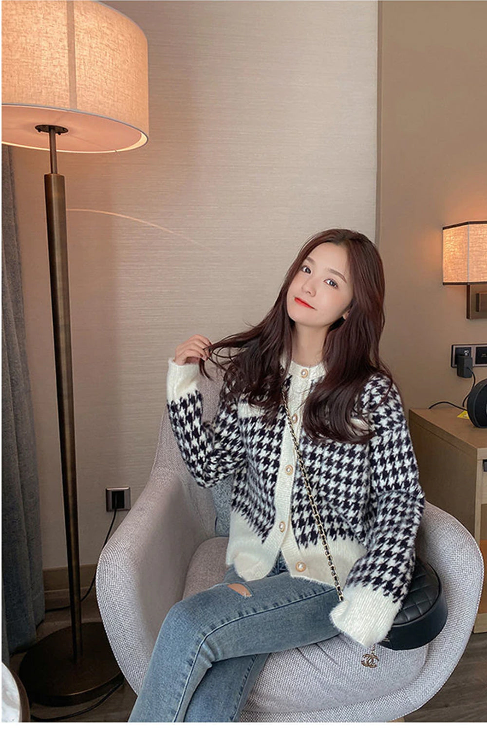 Houndstooth Pattern Long Sleeve Elegant Knitted Cardigan Sweater