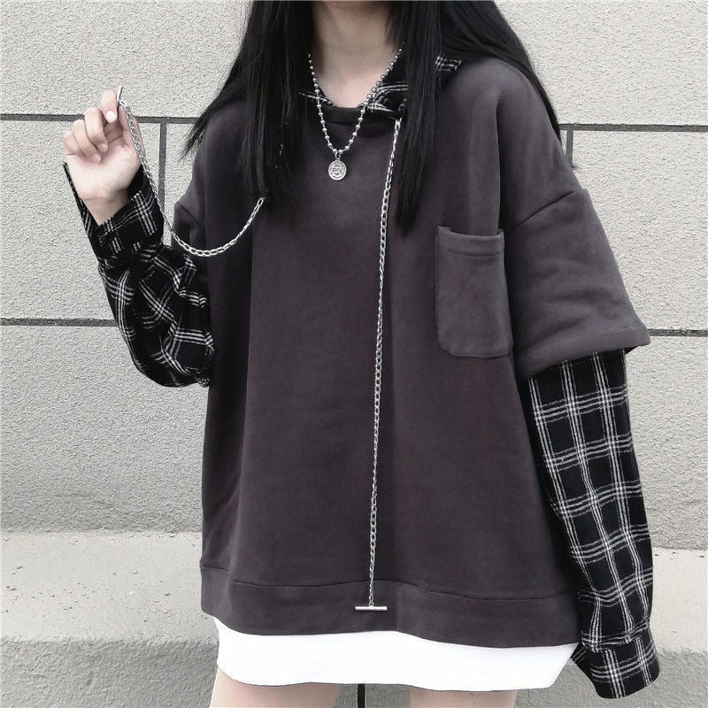 Long Sleeve Hip Hop Sleeve Plaid Hoodie