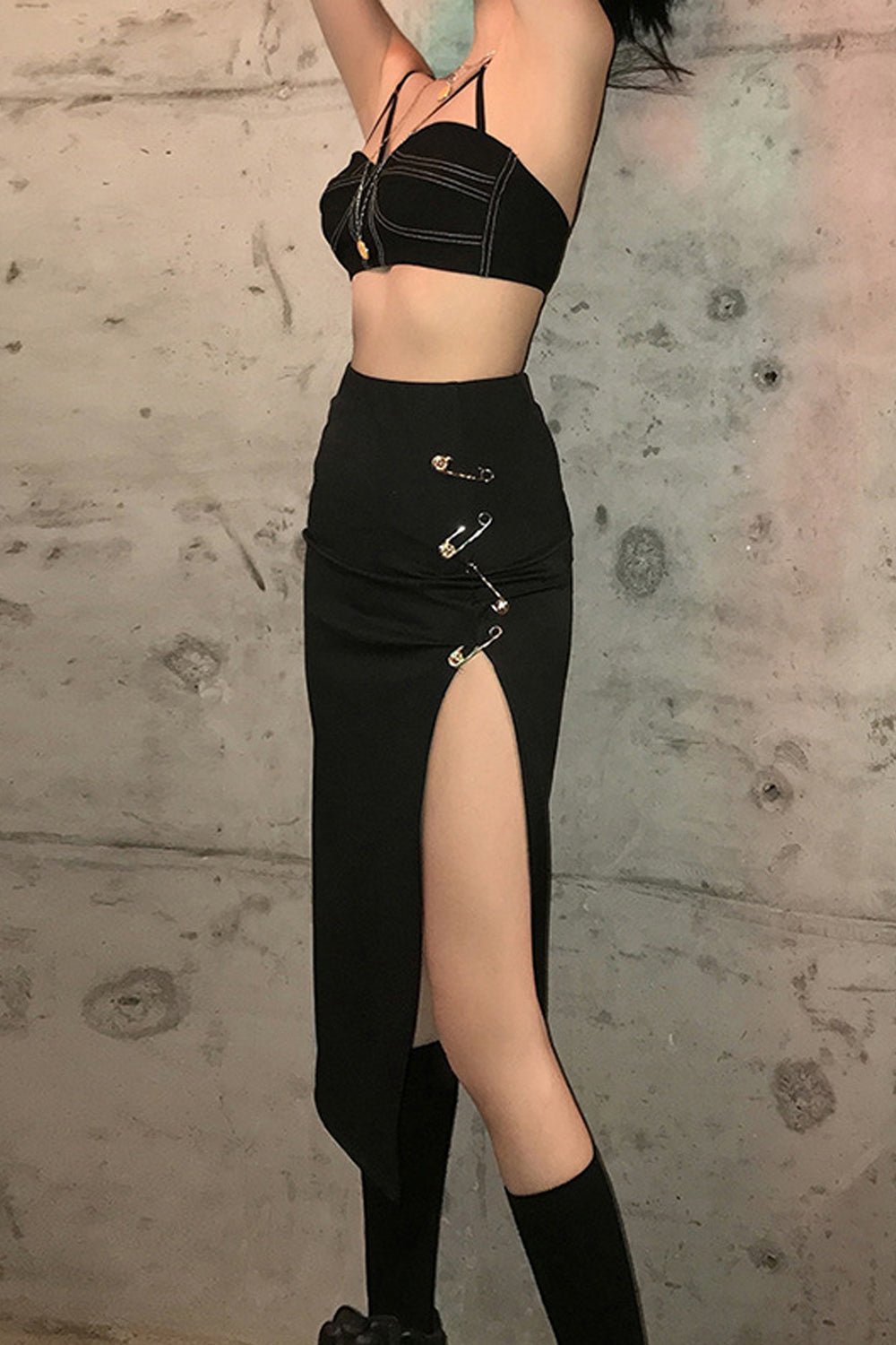 High Waist Pins Buckle Long Split Skirt