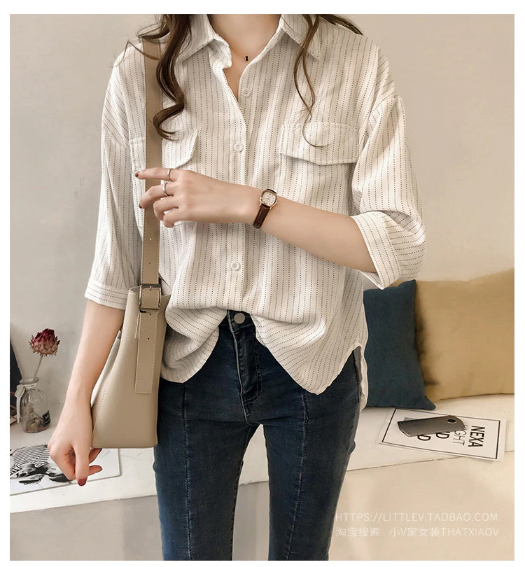 Half Sleeve Casual Striped Blouse Shirt