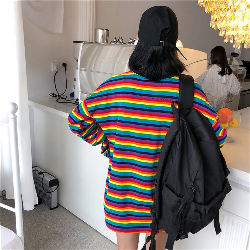 Long Sleeve Rainbow Striped Loose Sweatshirt