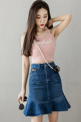 High Waist Mid Length Mermaid Denim Skirt