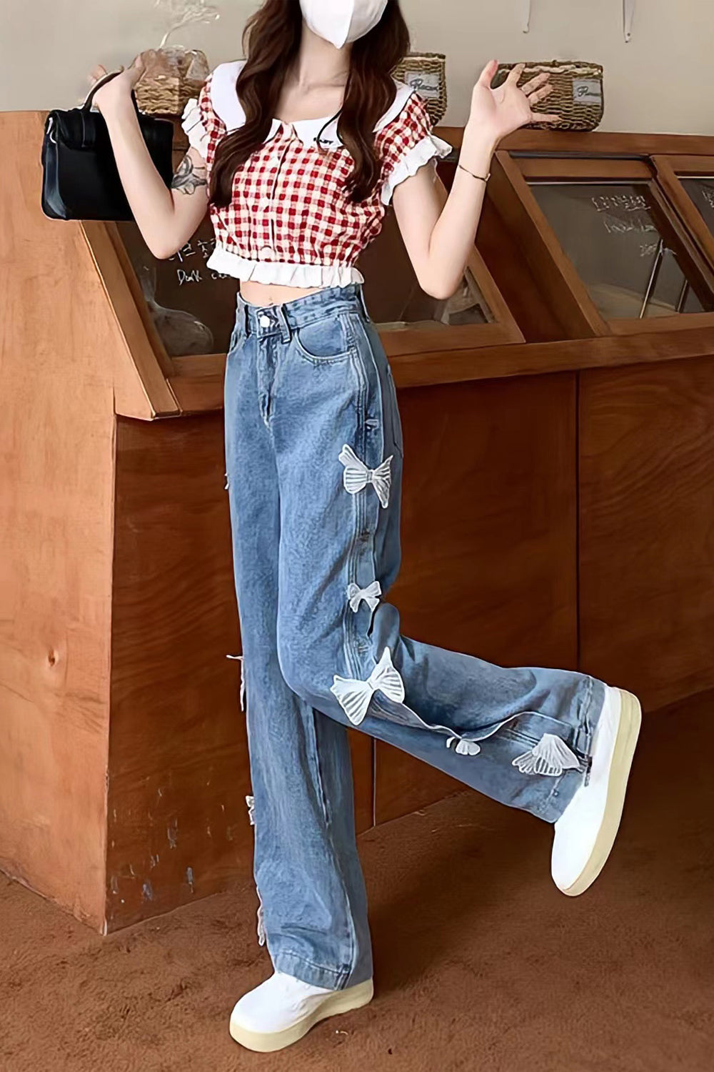 High Waist Cute Lace Bow Long Jeans Pants