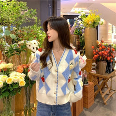 Long Sleeve V-Neck Fruits Pattern Sweater