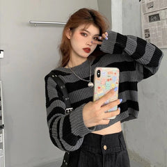 Loose Long Sleeve Striped Sexy Short Sweater