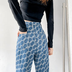 High Waist Ropes Pattern Long Jeans Pants