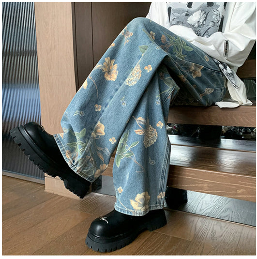 High Waist Floral Pattern Long Men Jeans Pants