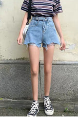 High Waist Trendy Button Ripped Shorts Jeans