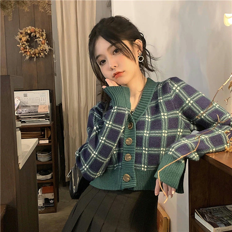 Vintage V-Neck Plaid Cropped Cardigan Sweater