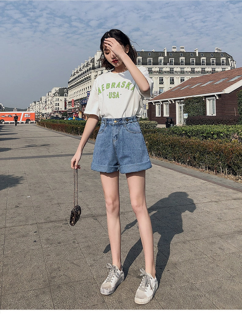 High Waist Button Wide Leg Shorts Jeans