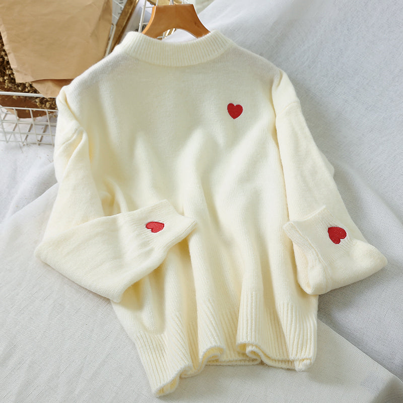 Little Heart Embroidery O-Neck Sweater