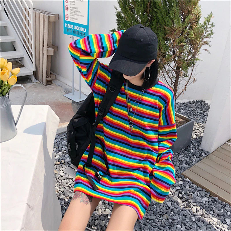 Long Sleeve Rainbow Striped Loose Sweatshirt