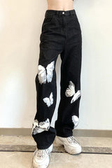 High Waist Butterfly Pattern Black Jeans Pants