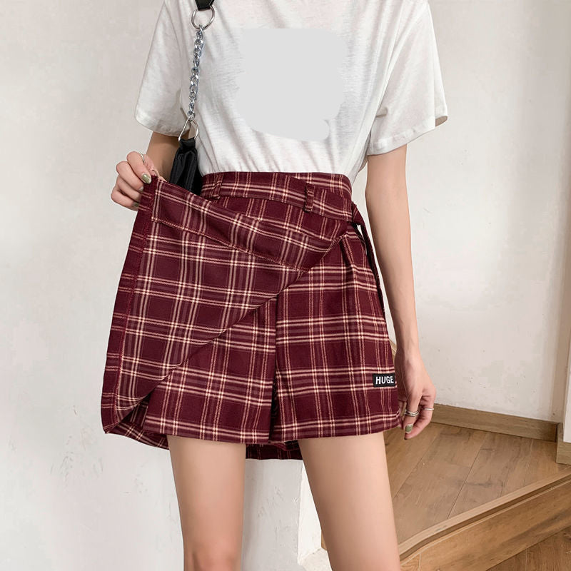 High Waist Irregular Plaid Skirts With Belt