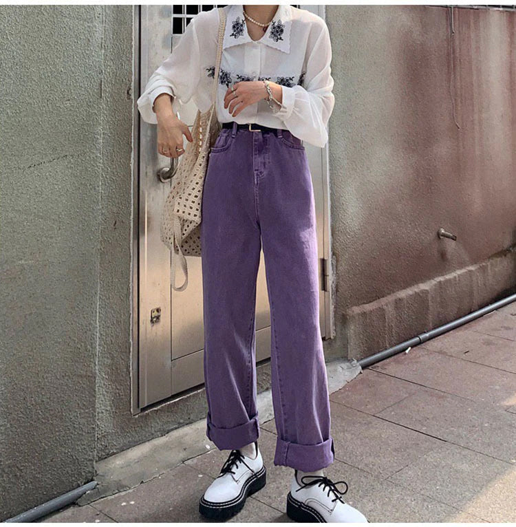 High Waist Loose Purple Jeans Pants