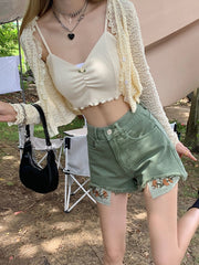 High Waist Floral Embroidered Green Shorts Jeans