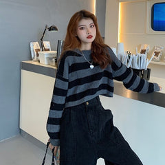 Loose Long Sleeve Striped Sexy Short Sweater