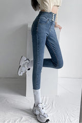 High Waist 3 Buttons Skinny Jeans Pants