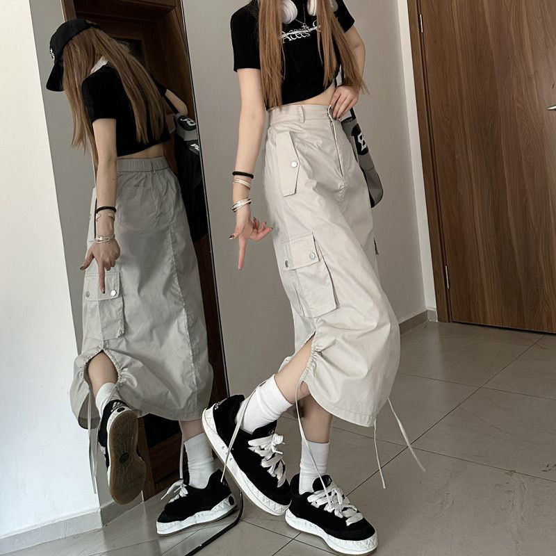 High Waist Cargo Pockets Long Skirts