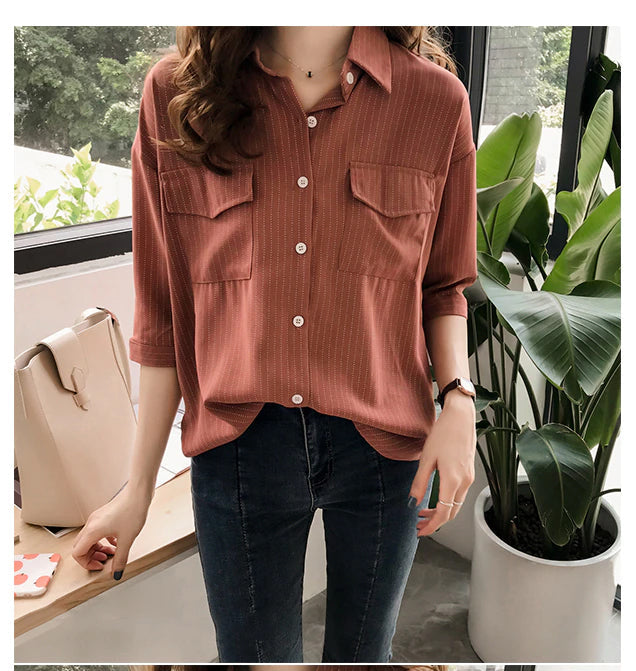 Half Sleeve Casual Striped Blouse Shirt