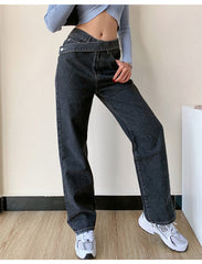 High Waist Irregular Zipper Button Wide Leg Jeans Pants