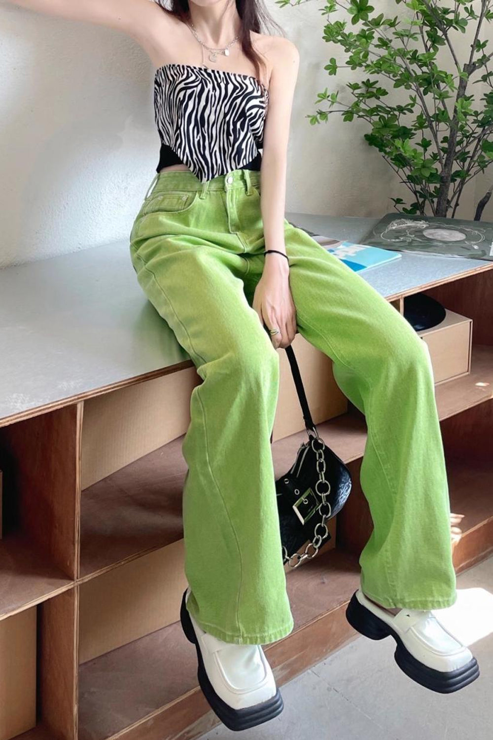 High Waist Vintage Green Long Jeans Pants