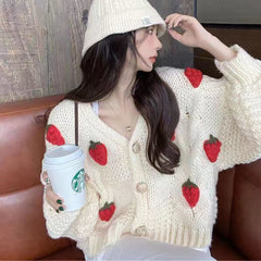 Loose Strawbery Pattern Knitted Cardigan Sweater