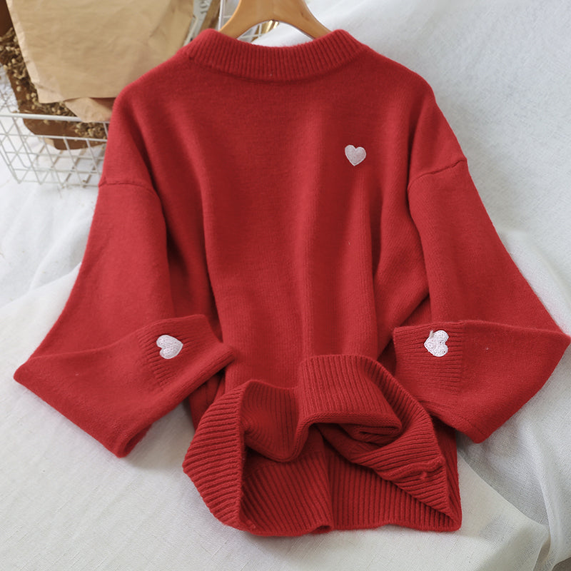 Little Heart Embroidery O-Neck Sweater