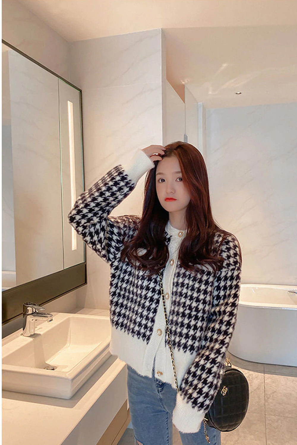 Houndstooth Pattern Long Sleeve Elegant Knitted Cardigan Sweater