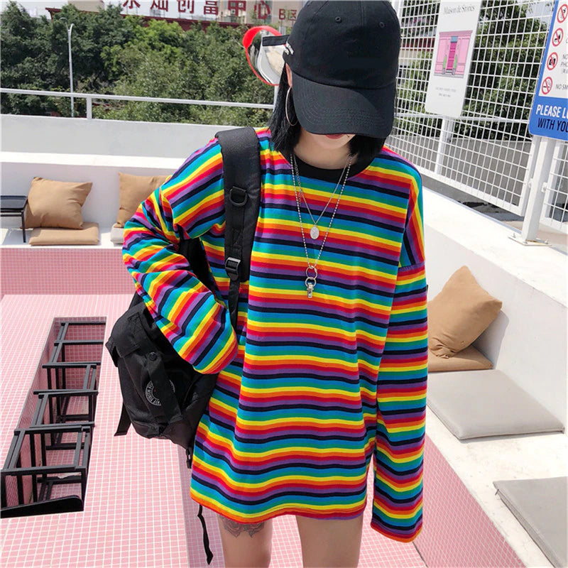 Long Sleeve Rainbow Striped Loose Sweatshirt