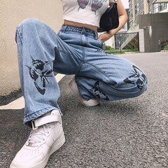 High Waist Wide Leg Butterfly Pattern Jeans Pants