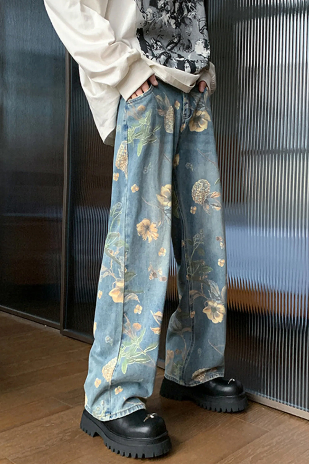 High Waist Floral Pattern Long Men Jeans Pants